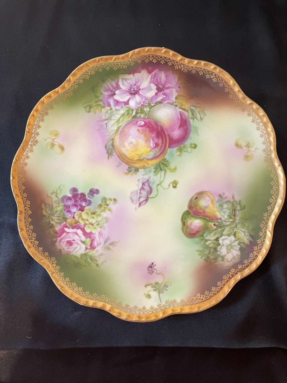 Hand-Painted Pink & Green Floral Fruit Decorative Plate with Gold Trim